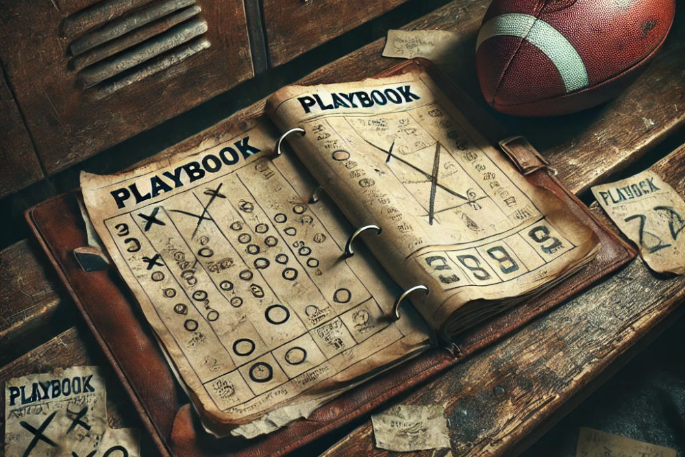 Vintage well-worn football play book that is still relevant today. 